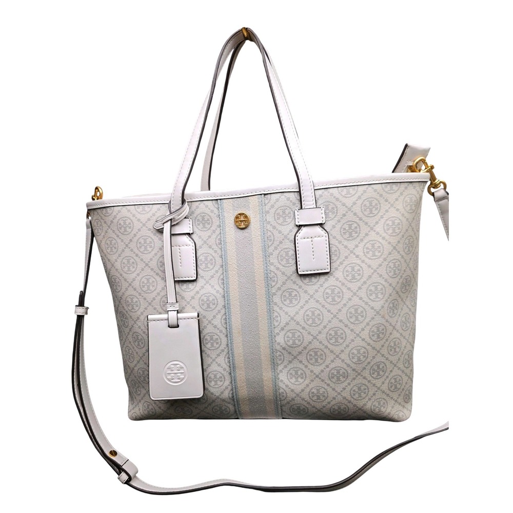 Tory Burch T Monogram Coated Canvas Tote White Gray Logo Crossbody Bag Luxury